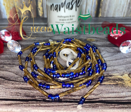 Crystal Blue and Shiny Hollow Long Gold Bead waistbeads - Very unique style