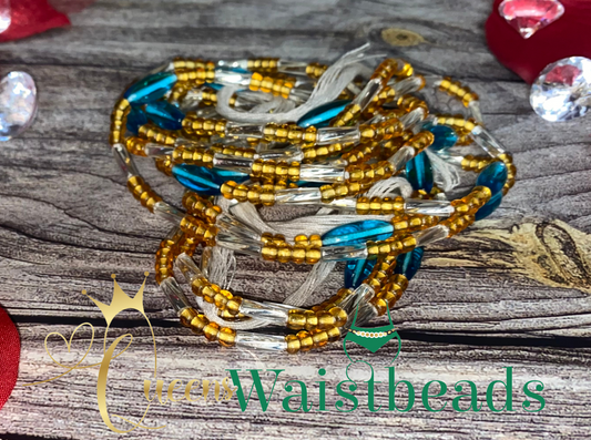 Bold Gold Beads w/Clear and Blue Accent Waistbeads