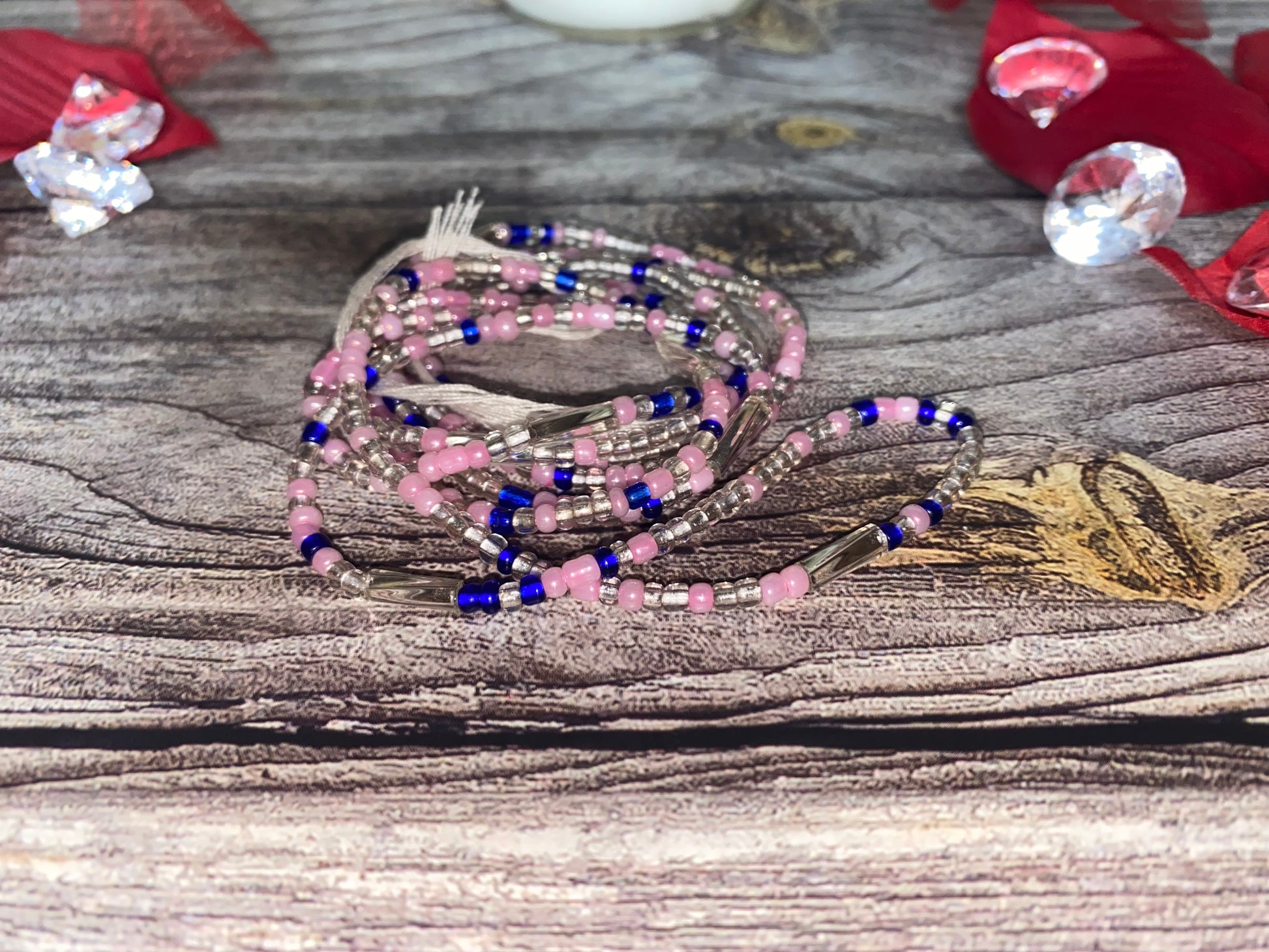 Pink, Crystal and Blue Waistbeads