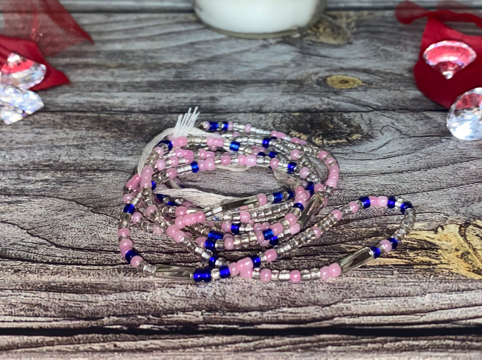 Pink, Crystal and Blue Waistbeads