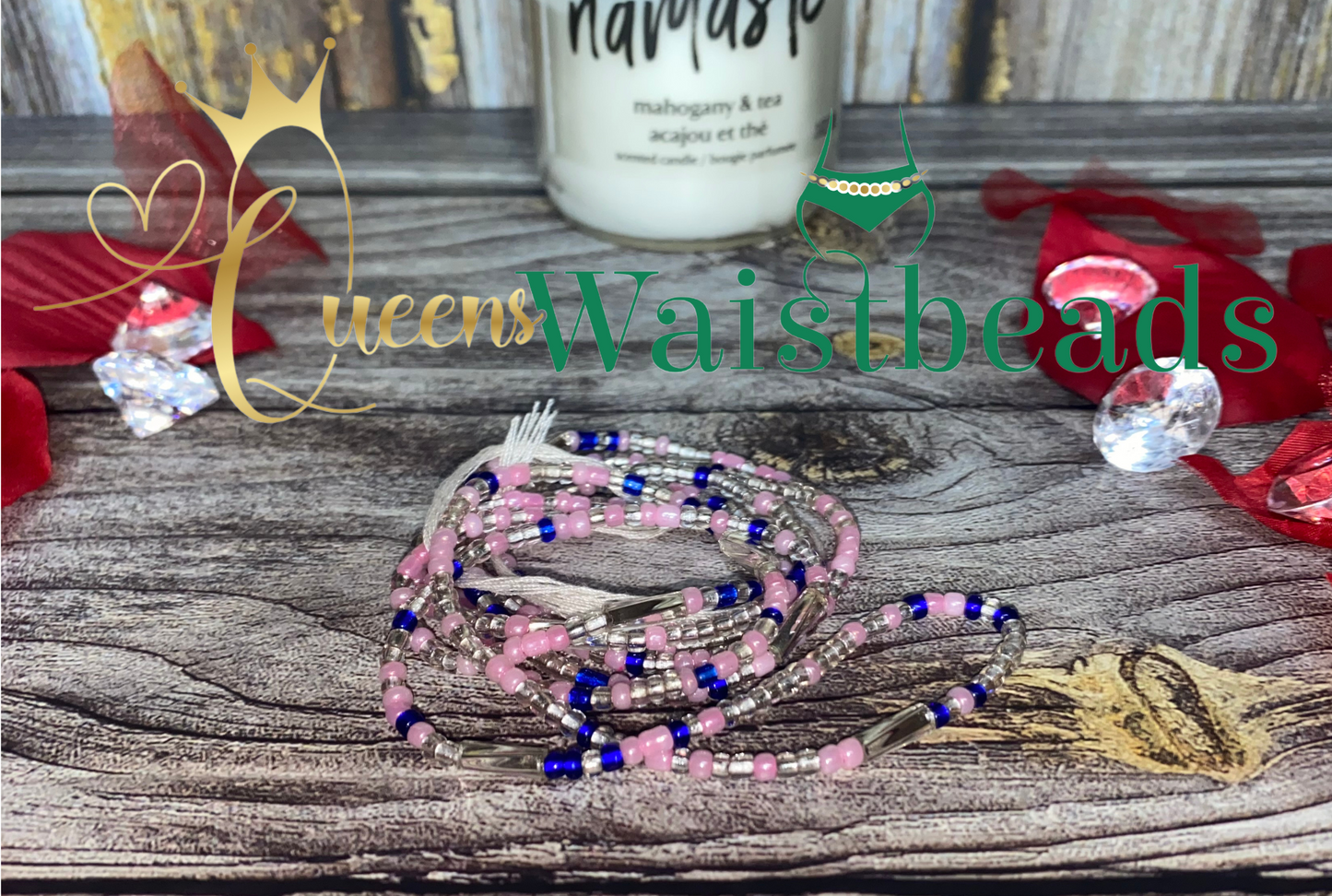 Pink, Crystal and Blue Waistbeads